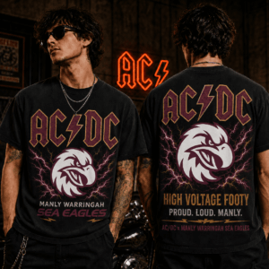 Auspiritmerch Manly Warringah Sea Eagles x ACDC Washed T-Shirt Gift For Fan