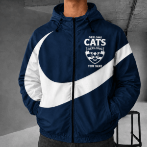 Auspiritmerch Geelong Cats Premium Swoosh Windbreaker Jacket Custom Name Daily Casual Fashion