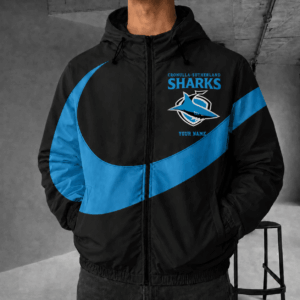 Auspiritmerch Cronulla-Sutherland Sharks Premium Swoosh Windbreaker Jacket Custom Name Daily Casual Fashion