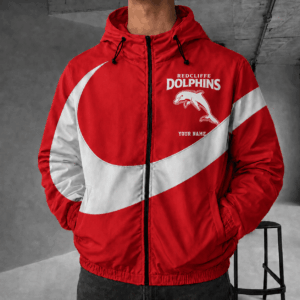 Auspiritmerch Redcliffe Dolphins Premium Swoosh Windbreaker Jacket Custom Name Daily Casual Fashion