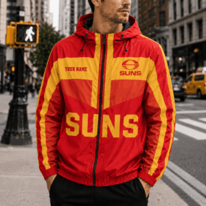 Auspiritmerch Gold Coast Suns Outdoor Windbreaker Jacket Custom Name Daily Casual Fashion