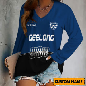 Auspiritmerch Geelong Cats Women's V-neck Long Shirt Custom Name Gift For Fan