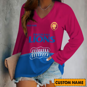 Auspiritmerch Brisbane Lions Women's V-neck Long Shirt Custom Name Gift For Fan