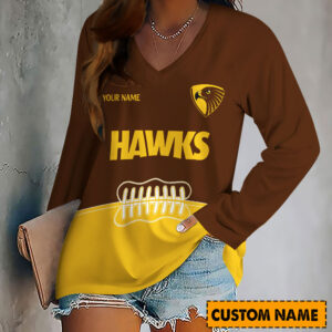 Auspiritmerch Hawthorn Hawks Women's V-neck Long Shirt Custom Name Gift For Fan