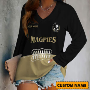 Auspiritmerch Collingwood Magpies Women's V-neck Long Shirt Custom Name Gift For Fan
