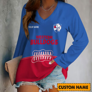 Auspiritmerch Western Bulldogs Women's V-neck Long Shirt Custom Name Gift For Fan