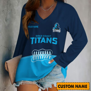 Auspiritmerch Gold Coast Titans Women's V-neck Long Shirt Custom Name Gift For Fan
