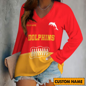 Auspiritmerch Redcliffe Dolphins Women's V-neck Long Shirt Custom Name Gift For Fan
