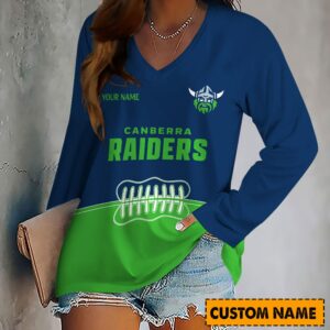 Auspiritmerch Canberra Raiders Women's V-neck Long Shirt Custom Name Gift For Fan