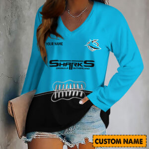 Auspiritmerch Cronulla-Sutherland Sharks Women's V-neck Long Shirt Custom Name Gift For Fan