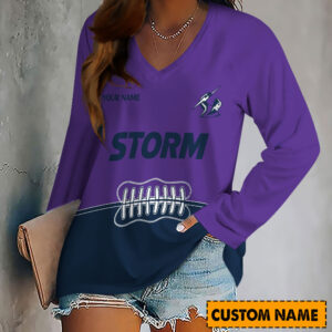 Auspiritmerch Melbourne Storm Women's V-neck Long Shirt Custom Name Gift For Fan