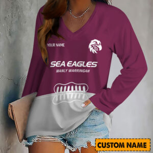 Auspiritmerch Manly Warringah Sea Eagles Women's V-neck Long Shirt Custom Name Gift For Fan