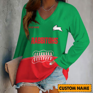 Auspiritmerch South Sydney Rabbitohs Women's V-neck Long Shirt Custom Name Gift For Fan