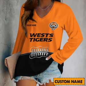 Auspiritmerch Wests Tigers Women's V-neck Long Shirt Custom Name Gift For Fan
