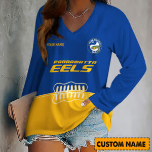 Auspiritmerch Parramatta Eels Women's V-neck Long Shirt Custom Name Gift For Fan