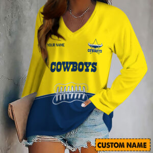 Auspiritmerch North Queensland Cowboys Women's V-neck Long Shirt Custom Name Gift For Fan