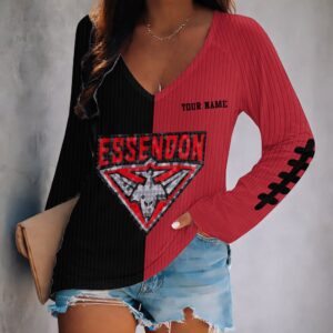 Auspiritmerch Essendon Women's V-neck Long Shirt Custom Name Gift For Fan
