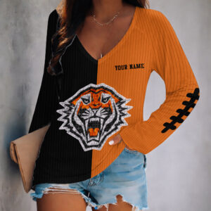 Auspiritmerch Wests Tigers Women's V-neck Long Shirt Custom Name Gift For Fan