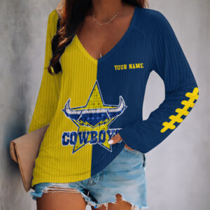 Auspiritmerch North Queensland Cowboys Women's V-neck Long Shirt Custom Name Gift For Fan
