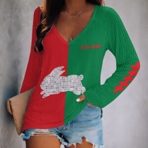 Auspiritmerch South Sydney Rabbitohs Women's V-neck Long Shirt Custom Name Gift For Fan