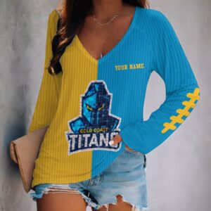 Auspiritmerch Gold Coast Titans Women's V-neck Long Shirt Custom Name Gift For Fan