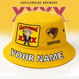 Auspiritmerch Hawthorn Hawks x XXXX Gold Beer Bucket Hat Custom Name Vintage Daily Casual Fashion
