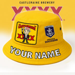 Auspiritmerch Fremantle Dockers x XXXX Gold Beer Bucket Hat Custom Name Vintage Daily Casual Fashion