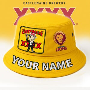 Auspiritmerch Brisbane Lions x XXXX Gold Beer Bucket Hat Custom Name Vintage Daily Casual Fashion
