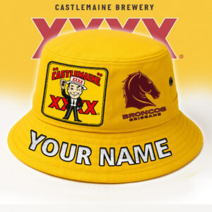 Auspiritmerch Brisbane Broncos x XXXX Gold Beer Bucket Hat Custom Name Vintage Daily Casual Fashion