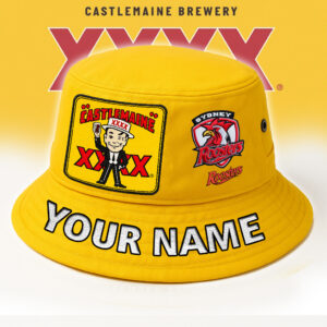 Auspiritmerch Sydney Roosters x XXXX Gold Beer Bucket Hat Custom Name Vintage Daily Casual Fashion