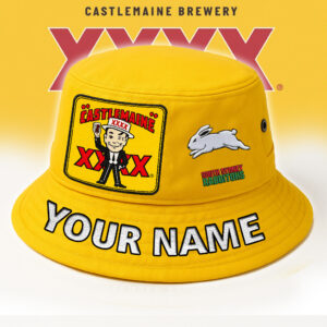 Auspiritmerch South Sydney Rabbitohs x XXXX Gold Beer Bucket Hat Custom Name Vintage Daily Casual Fashion