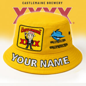 Auspiritmerch Cronulla-Sutherland Sharks x XXXX Gold Beer Bucket Hat Custom Name Vintage Daily Casual Fashion
