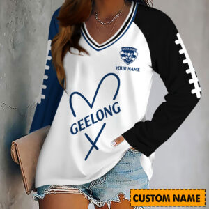 Auspiritmerch Geelong Cats Women's V-neck Long Shirt Custom Name Gift For Fan