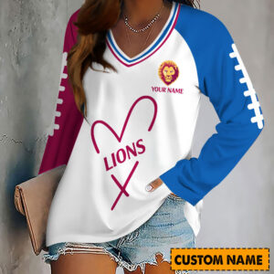Auspiritmerch Brisbane Lions Women's V-neck Long Shirt Custom Name Gift For Fan