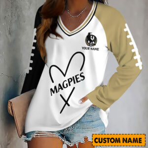 Auspiritmerch Collingwood Magpies Women's V-neck Long Shirt Custom Name Gift For Fan