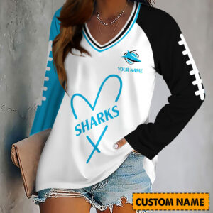 Auspiritmerch Cronulla-Sutherland Sharks Women's V-neck Long Shirt Custom Name Gift For Fan
