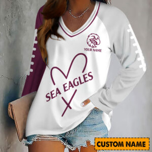 Auspiritmerch Manly Warringah Sea Eagles Women's V-neck Long Shirt Custom Name Gift For Fan