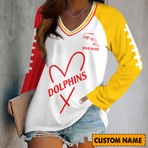 Auspiritmerch Redcliffe Dolphins Women's V-neck Long Shirt Custom Name Gift For Fan