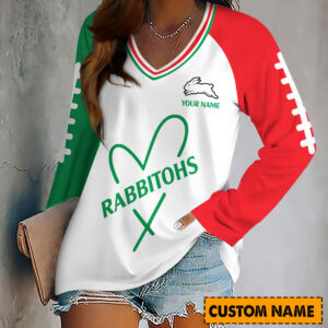 Auspiritmerch South Sydney Rabbitohs Women's V-neck Long Shirt Custom Name Gift For Fan