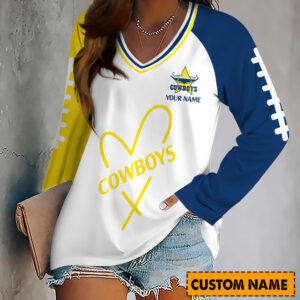 Auspiritmerch North Queensland Cowboys Women's V-neck Long Shirt Custom Name Gift For Fan