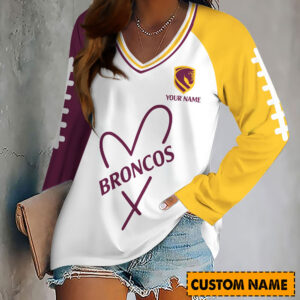 Auspiritmerch Brisbane Broncos Women's V-neck Long Shirt Custom Name Gift For Fan