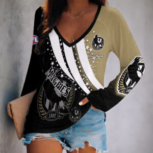 Auspiritmerch Collingwood Magpies Women's V-neck Long Shirt Custom Name Gift For Fan