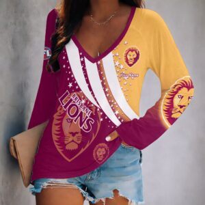 Auspiritmerch Brisbane Lions Women's V-neck Long Shirt Custom Name Gift For Fan