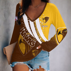 Auspiritmerch Hawthorn Hawks Women's V-neck Long Shirt Custom Name Gift For Fan