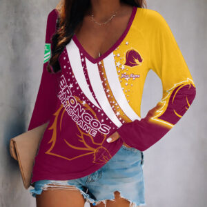Auspiritmerch Brisbane Broncos Women's V-neck Long Shirt Custom Name Gift For Fan