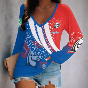 Auspiritmerch Newcastle Knights Women's V-neck Long Shirt Custom Name Gift For Fan