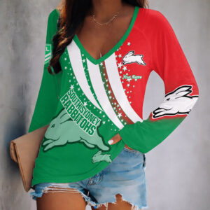 Auspiritmerch South Sydney Rabbitohs Women's V-neck Long Shirt Custom Name Gift For Fan