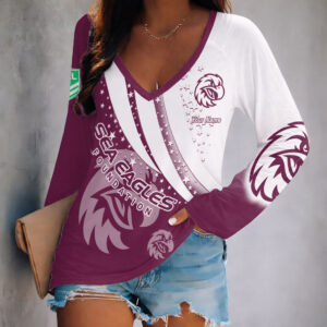 Auspiritmerch Manly Warringah Sea Eagles Women's V-neck Long Shirt Custom Name Gift For Fan