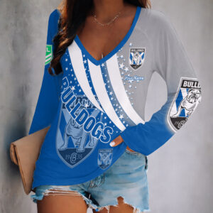 Auspiritmerch Canterbury-Bankstown Bulldogs Women's V-neck Long Shirt Custom Name Gift For Fan