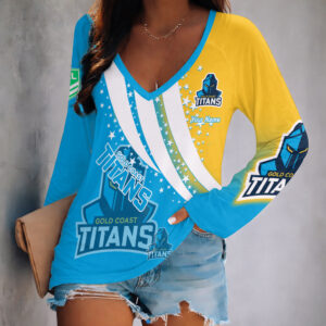 Auspiritmerch Gold Coast Titans Women's V-neck Long Shirt Custom Name Gift For Fan